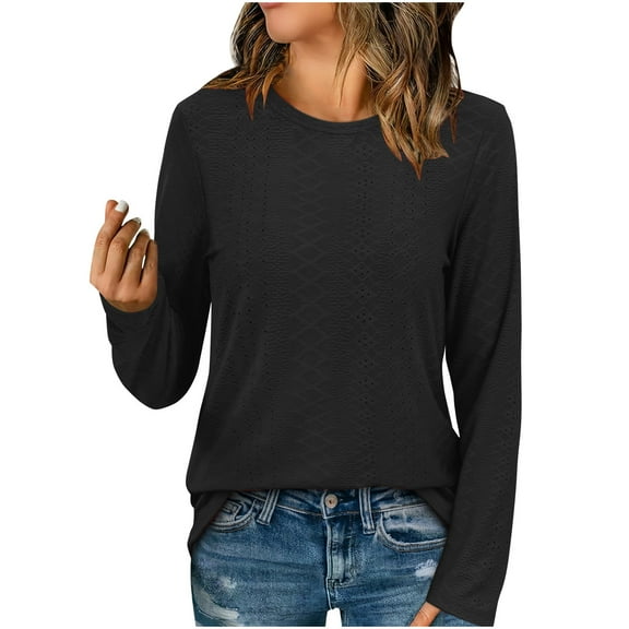Admvng Long Sleeve Shirts for Women Solid Color Round Neck Eyelet Embroidery Casual Basic Top S-2XL