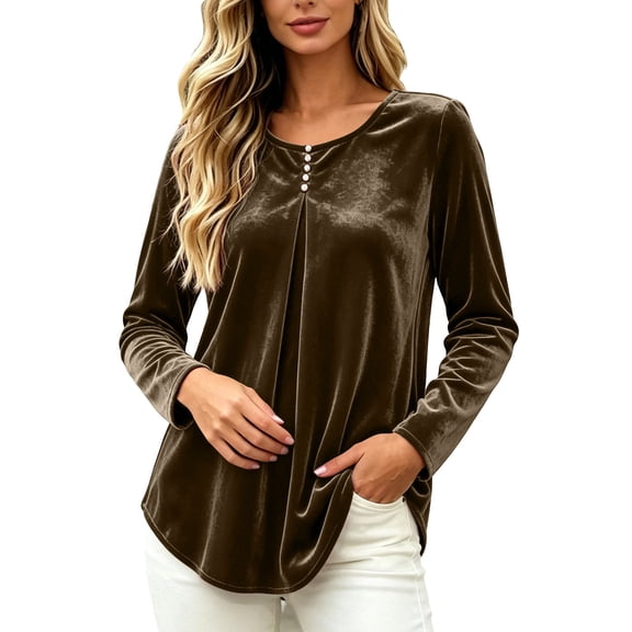 Admvng Long Sleeve Top for Women Solid Round Neck Button-Up Casual Daily Outfit