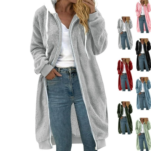 Admvng Long Winter Coats for Women Plus Size Solid Color Zipper Pullover Long Sleeve Hooded Jacket Winter Clothing for Women S-5XL