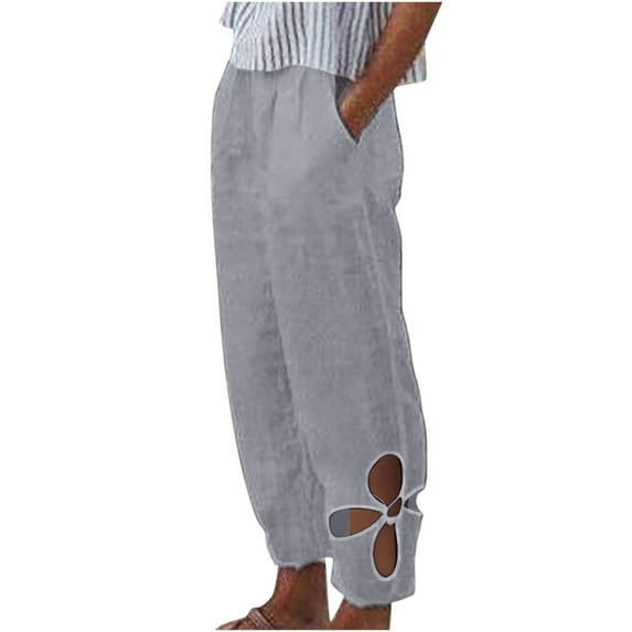 Admvng Lounge Pants Women Summer Solid Color Casual Cotton and Linen Pocket Trousers S-3XL