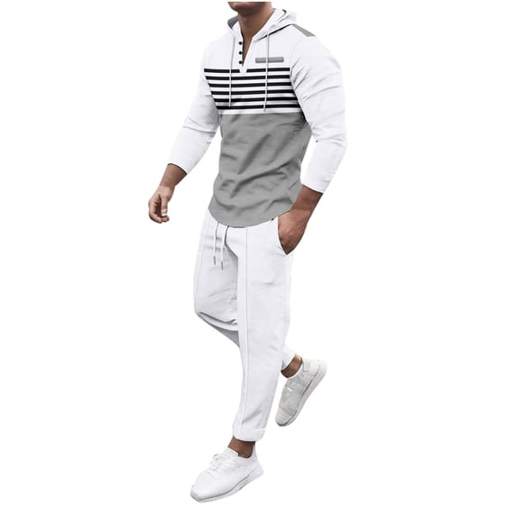 Admvng Matching Sets Men Clothing Color Blocked Striped Pocket Hooded Sweatshirt Drawstring Pants Set, Size S-3XL