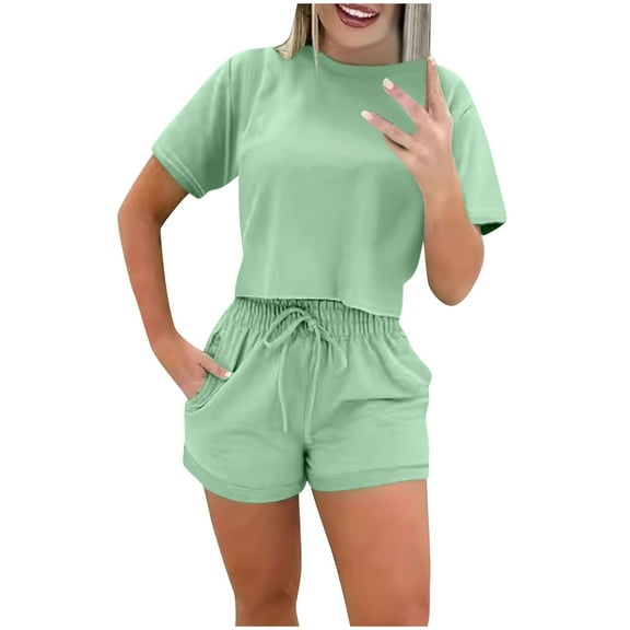 Admvng Matching Sets Women Clothing Summer Casual Solid Color Short Sleeved Shorts Two-piece Set S-3XL