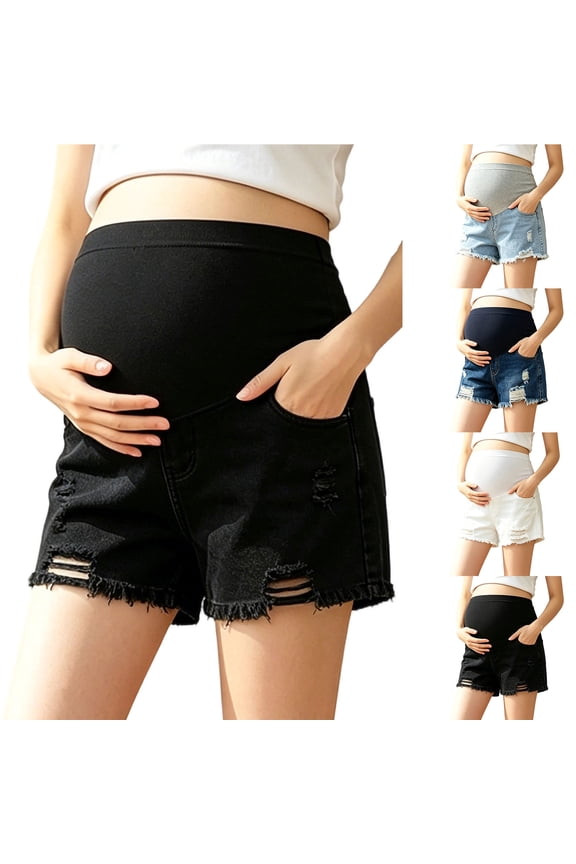 Maternity Denim Shorts Over Belly Ripped Pregnancy Jean Shorts