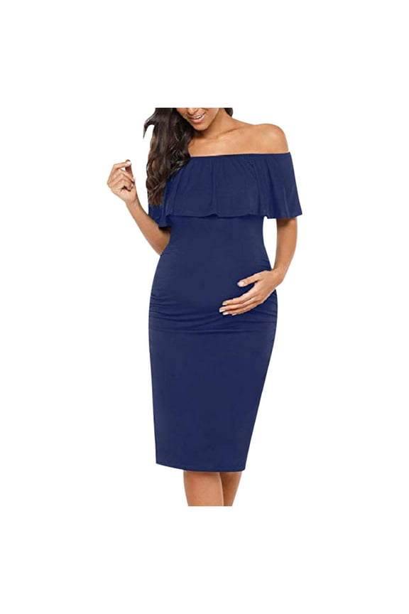 Maternity Dress Off-the-Shoulder Ruffle Bodycon Pregnancy Midi Dress