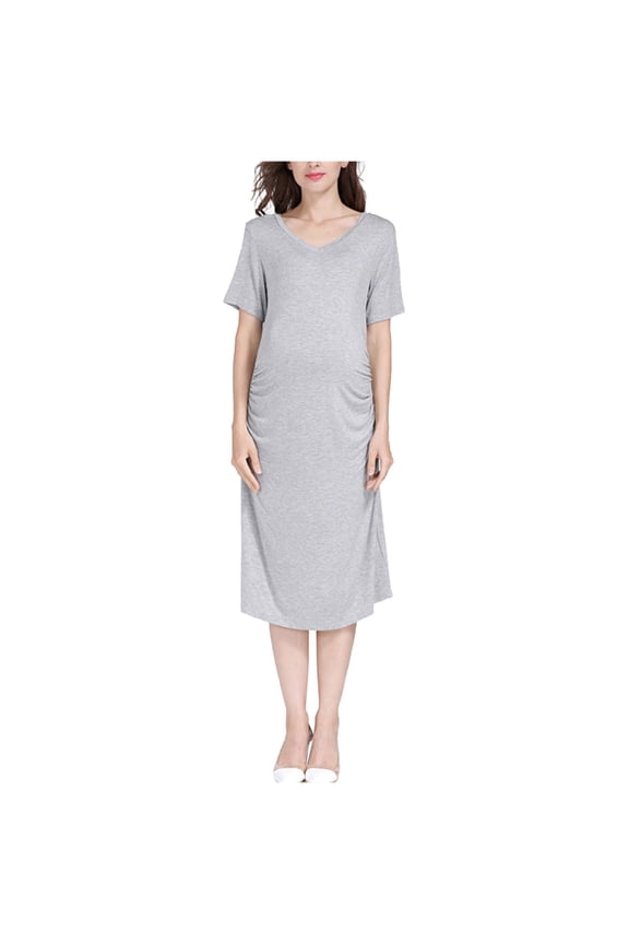 Maternity Dress Ruched Side V-Neck Short Sleeve Bodycon Pregnancy Midi Dress Nightgown