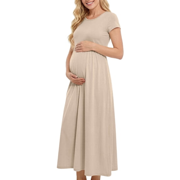 Admvng Maternity Maxi Dress Short Sleeve Empire Waist A-Line Pregnancy Dress