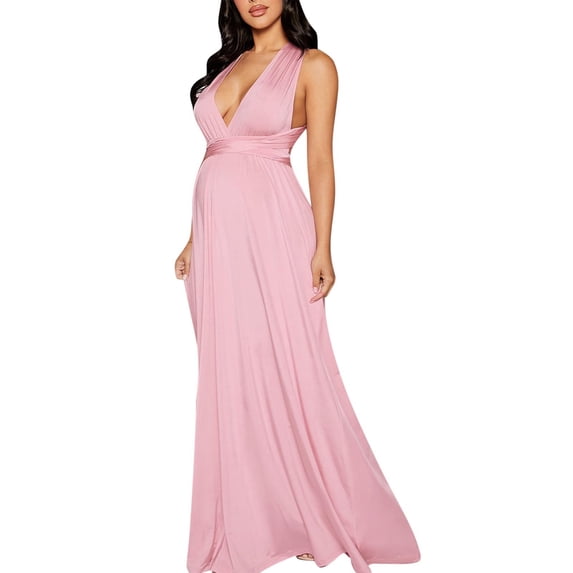 Admvng Maternity Maxi Dress Solid Halter Neck Pregnancy Elegant Evening Gown