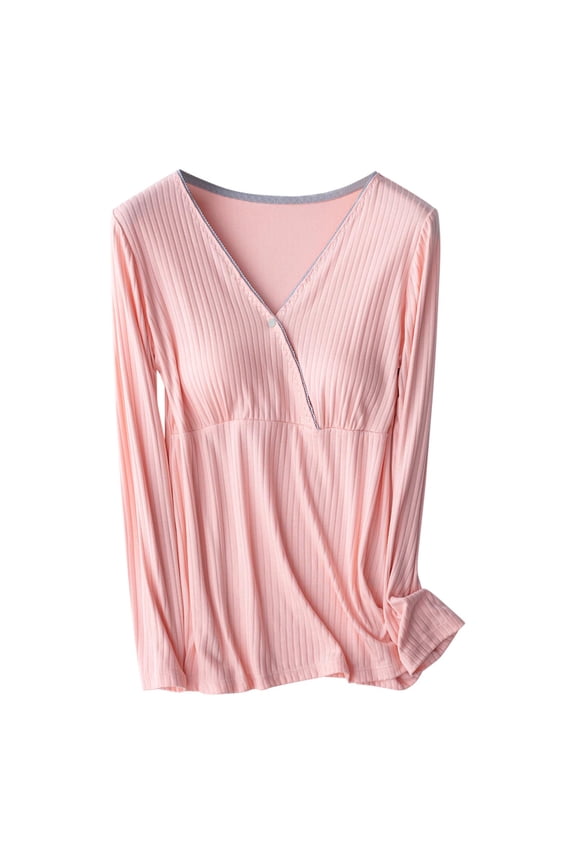 Maternity Nursing Long Sleeve Tops V Neck Snap Front Soft Stretch Breastfeeding Sleep Shirt