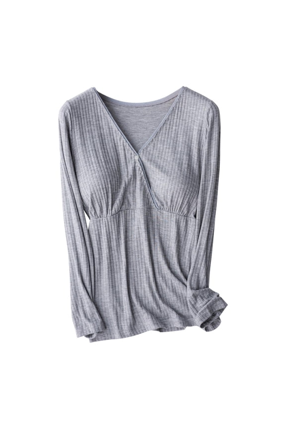 Maternity Nursing Long Sleeve Tops V Neck Snap Front Soft Stretch Breastfeeding Sleep Shirt