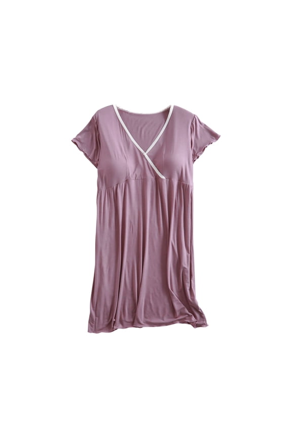 Maternity Nursing Nightgown Short Sleeve V-Neck Built-in Bra Breastfeeding Sleep Dress