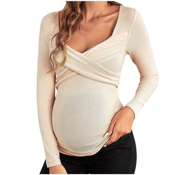 Admvng Maternity Nursing Top Wrap Cross V Neck Long Sleeve Soft Stretchy Pregnancy Breastfeeding Tee