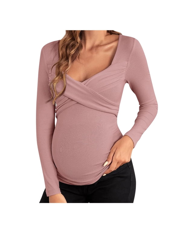 Maternity Nursing Top Wrap Cross V Neck Long Sleeve Soft Stretchy Pregnancy Breastfeeding Tee