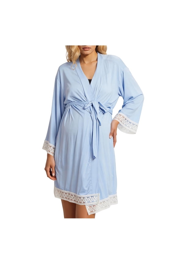 Maternity Robe Lace Trim 3/4 Sleeve Wrap Nursing Nightgown