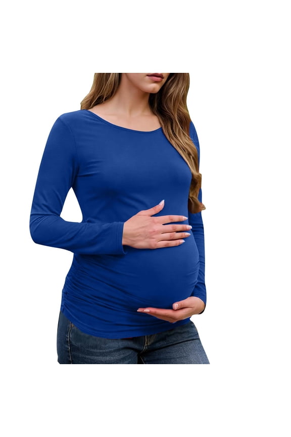Maternity T Shirt Long Sleeve Round Neck Side Ruched Stretchy Pregnancy Basic Tee for Women
