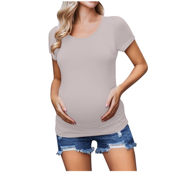 Admvng Maternity Tops for Women Short Sleeve Round Neck Pregnancy T-Shirt with Side Ruching