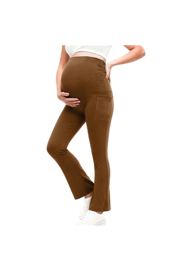 Maternity Yoga Pants Ruched High Waist Flared Leg Pregnancy Leggings with Side Pockets