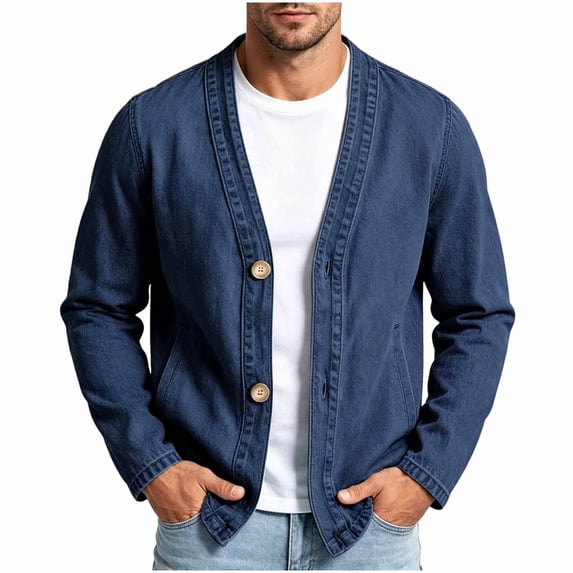 Admvng Men's Denim Cardigan Jacket Long Sleeve Open Front Casual Jean Outerwear Lightweight Layering Shacket