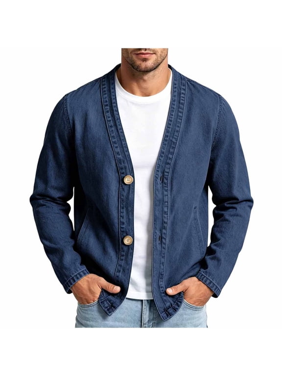 Men's Denim Cardigan Jacket Long Sleeve Open Front Casual Jean Outerwear Lightweight Layering Shacket