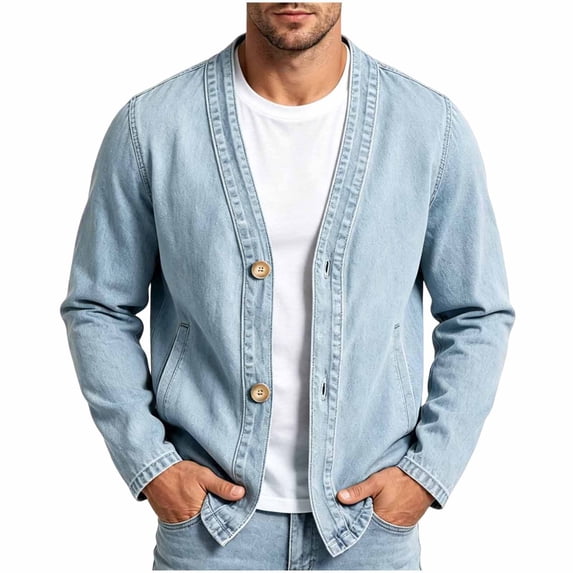 Admvng Men's Denim Cardigan Jacket Long Sleeve Open Front Casual Jean Outerwear Lightweight Layering Shacket