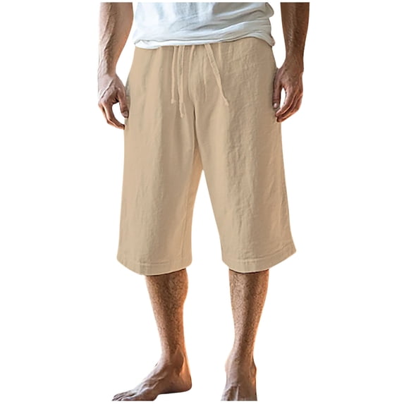 Admvng Men's Linen Capri Pants Elastic Drawstring Waist Pants with Pocket