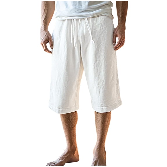 Admvng Men's Linen Capri Pants Elastic Drawstring Waist Pants with Pocket