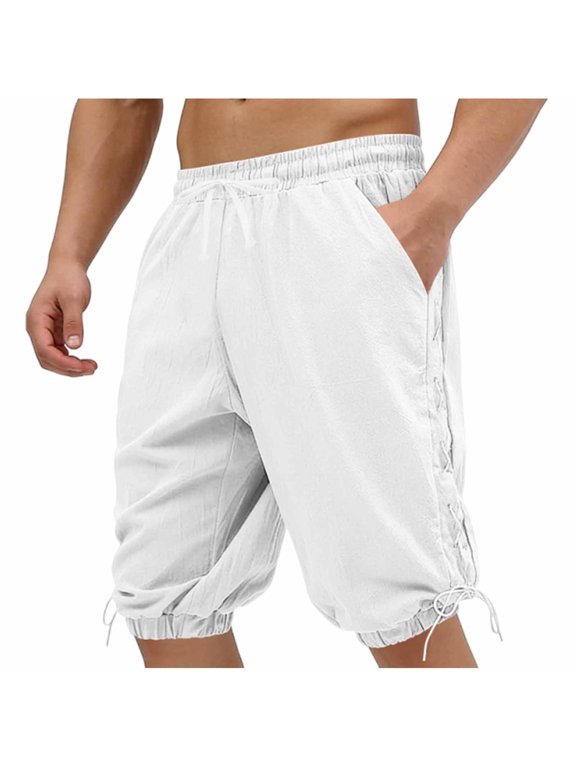 Men's Linen Drawstring Capri Shorts Elastic Waist Casual Cropped Harem Pants