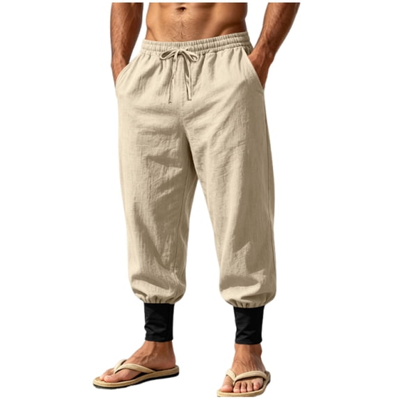 Admvng Men's Linen Harem Pants Elastic Drawstring Waist Contrast Ankle Cuffs Jogger Trousers