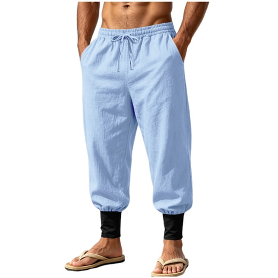 Admvng Men's Linen Harem Pants Elastic Drawstring Waist Contrast Ankle Cuffs Jogger Trousers