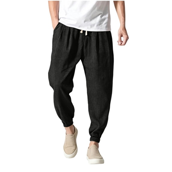 Admvng Men's Linen Pants Casual Big & Tall Breathable Full Length Trousers with Pockets