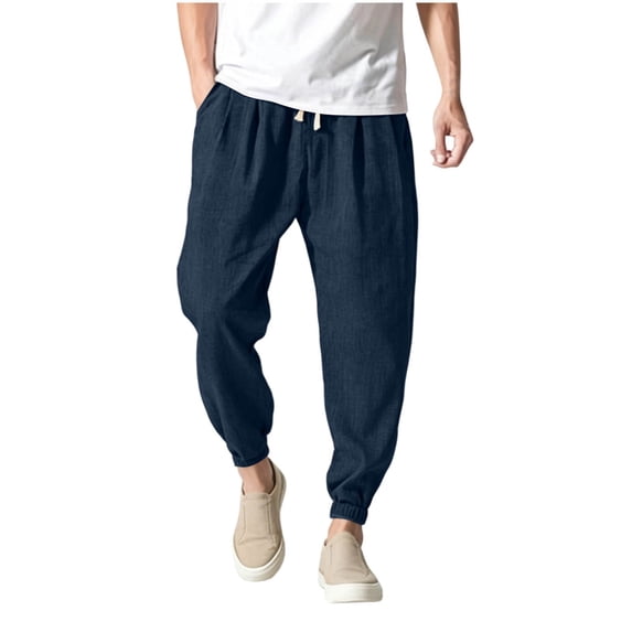 Admvng Men's Linen Pants Casual Big & Tall Breathable Full Length Trousers with Pockets