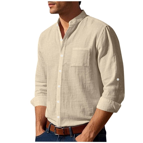 Admvng Men's Linen Shirt Button Down Long Sleeve Chest Pocket Lightweight Casual Shirts