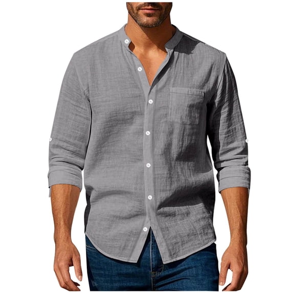 Admvng Men's Linen Shirt Button Down Long Sleeve Chest Pocket Lightweight Casual Shirts