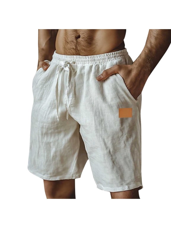 Men's Linen Shorts Drawstring Elastic Waist Casual Summer Beach Cotton Shorts with Pockets