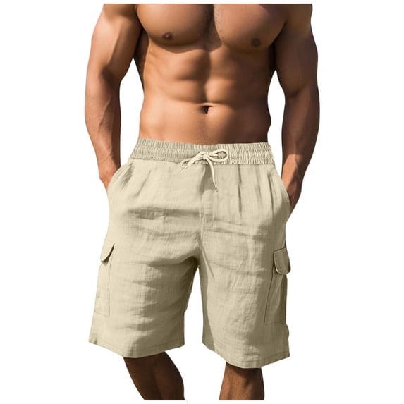 Admvng Men's Linen Shorts Plus Size Summer Casual Drawstring Elastic Waist Stretch Beach Wear