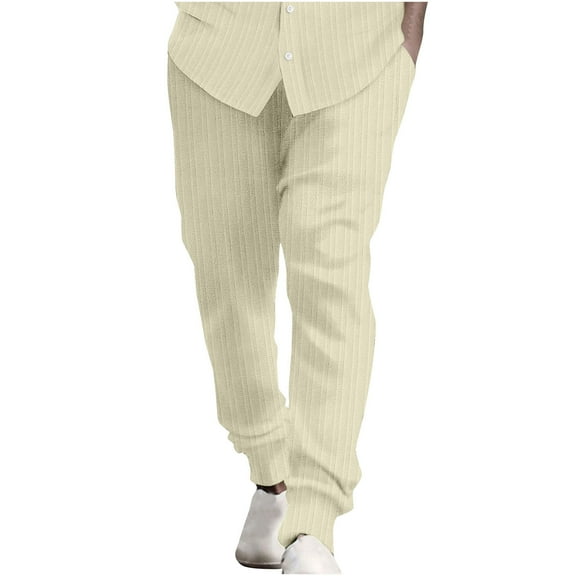 Admvng Men's Pants Casual Elastic Waist Stripe Pocket Cotton Linen Panel Trousers with Pockets S-3XL