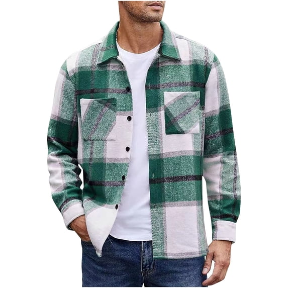 Admvng Men's Plaid Shirt Jacket Long Sleeve Big & Tall Lapel Collar Pockets Button Down Overshirt Shacket