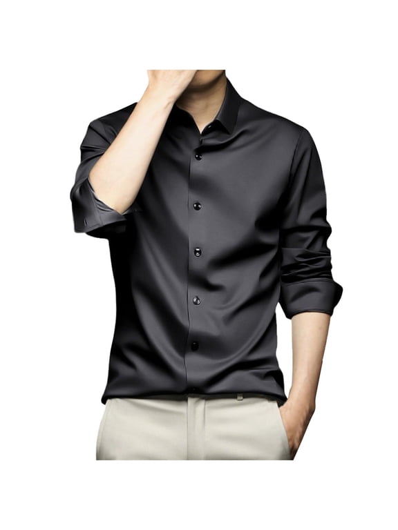 Men's Satin Silky Dress Shirt Big & Tall Long Sleeve Collar Stretch Slim Fit Solid Business formal Button Down Shirts