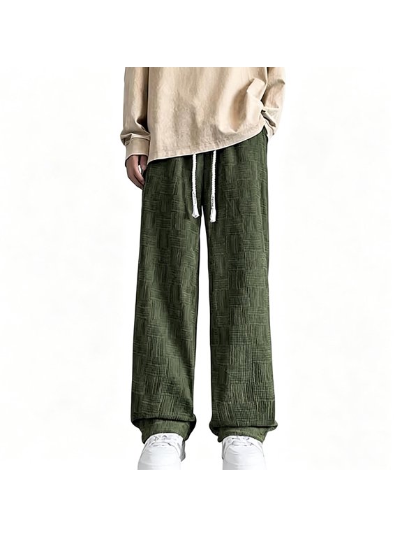 Men's Textured Grid Wide Leg Pants Big & Tall Elastic Drawstring Waist Casual Streetwear Trousers