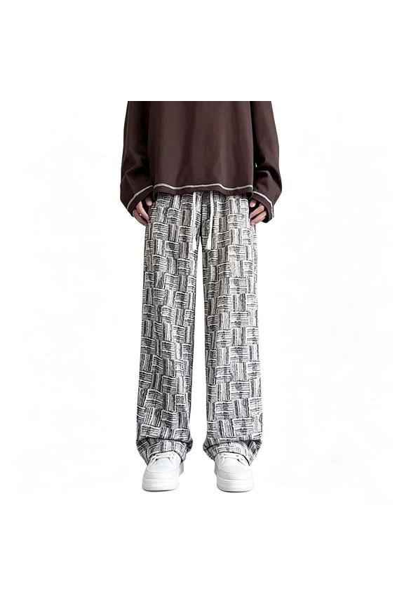 Men's Textured Grid Wide Leg Pants Big & Tall Elastic Drawstring Waist Casual Streetwear Trousers