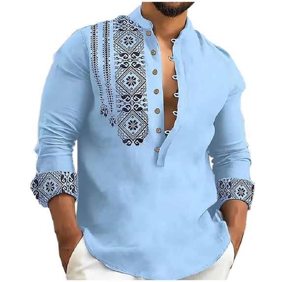 Admvng Mens Boho Print Linen Shirt Long Sleeve Lightweight Vacation Casual Blouse Tops