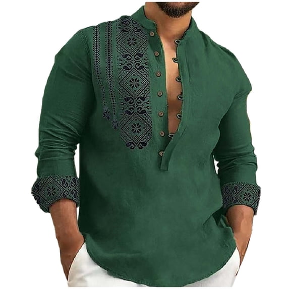 Admvng Mens Boho Print Linen Shirt Long Sleeve Lightweight Vacation Casual Blouse Tops