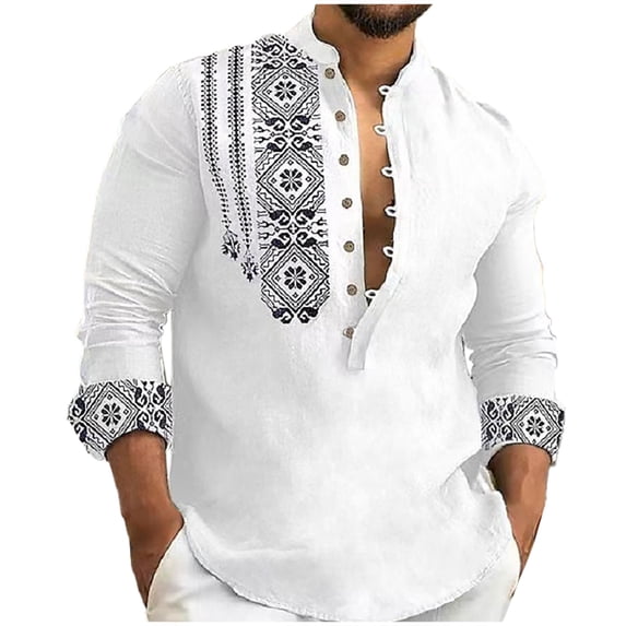 Admvng Mens Boho Print Linen Shirt Long Sleeve Lightweight Vacation Casual Blouse Tops
