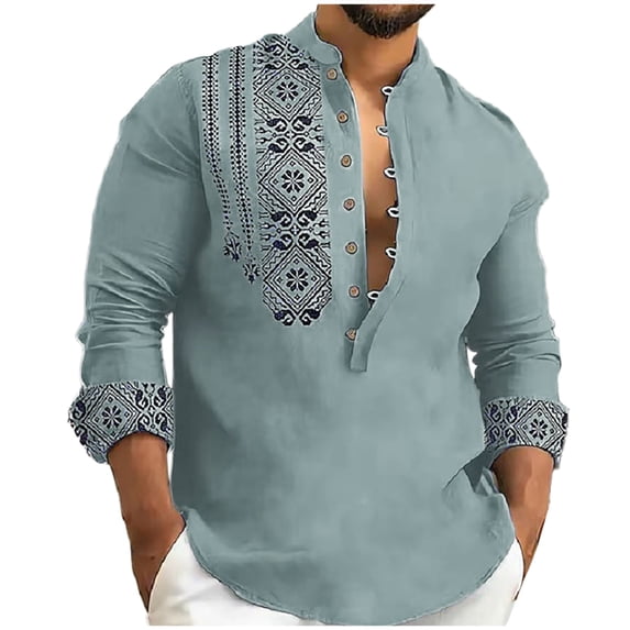 Admvng Mens Boho Print Linen Shirt Long Sleeve Lightweight Vacation Casual Blouse Tops