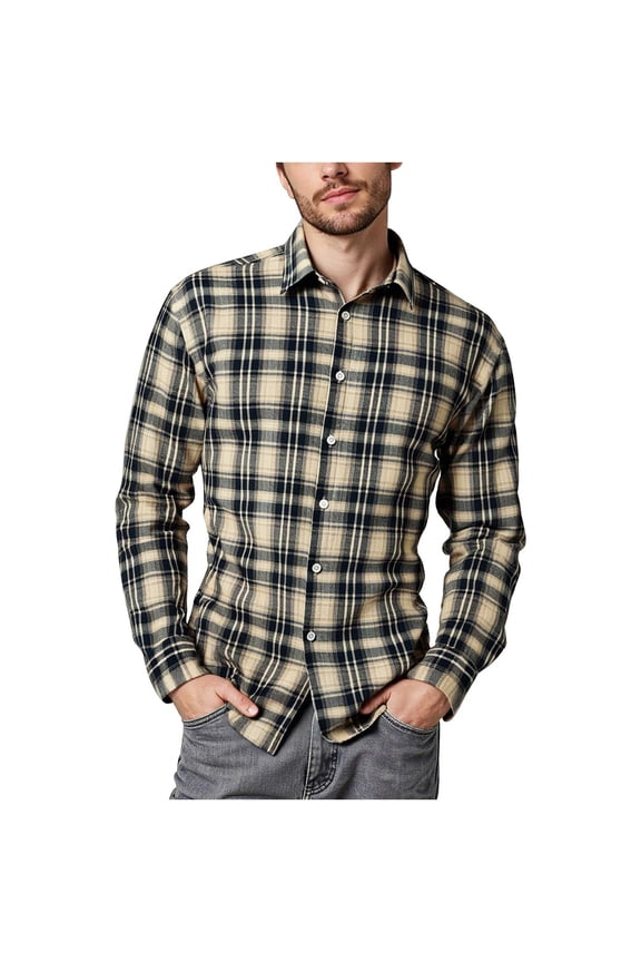 Mens Button Up Shirt Vintage Casual Check Lapel Long Sleeve Shirt, Size S-3XL