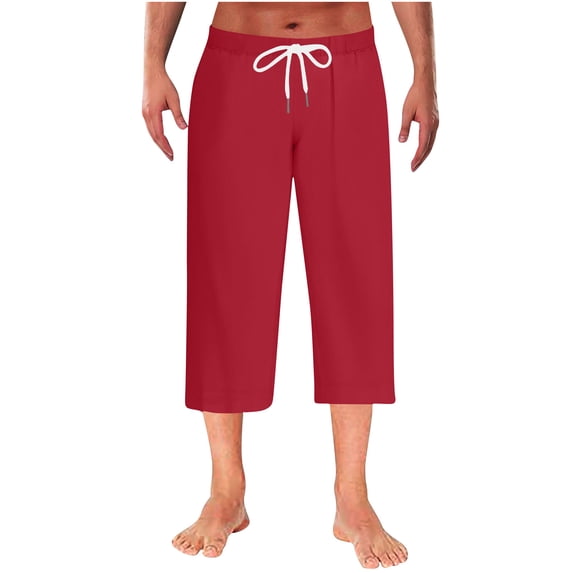 Admvng Mens Capri Pants Solid Casual Straight Leg Elastic Waist Drawstring Outdoor Home Sleepwear with Pocket