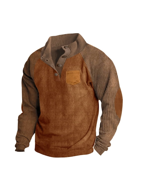 Mens Corduroy Shirt Long Sleeve Elbow Patch Stand Collar Chest Pocket Casual Outdoors Pullover Tops
