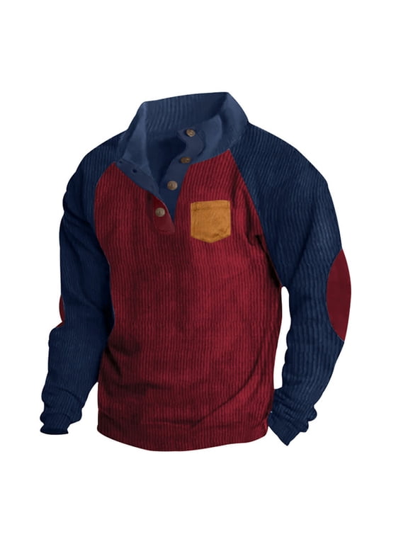 Mens Corduroy Shirt Long Sleeve Elbow Patch Stand Collar Chest Pocket Casual Outdoors Pullover Tops