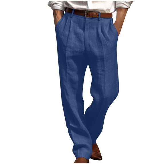 Admvng Mens Cotton and Linen Pants Pleated Straight Leg Solid Casual Pants with Pockets