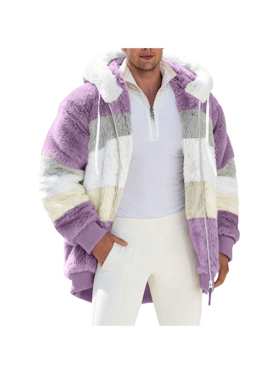 Mens Fuzzy Fleece Hooded Jacket Winter Warm Color Block Patchwork Zip Up Sherpa Coat Cold Weather Daily Streetwear Outerwear