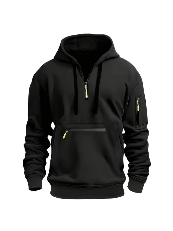 Mens Hoodie Half Zip Pullover Zipper Pockets Drawstring Hood Soft Long Sleeve Sports Work Sweatshirt